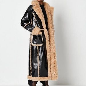 Missguided Tall Black Faux Leather Maxi Aviator Coat US 14 UK 16 EUR 46